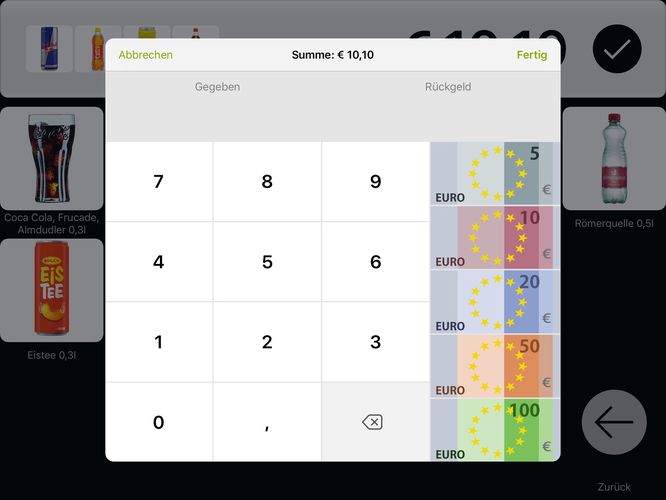 Wechselgeldberechnung des QuickBon Kassensystems
