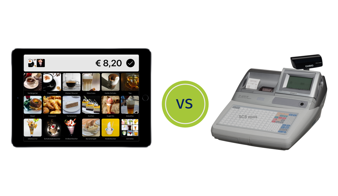 Bild der QuickBon Registrierkasse im Vergleich zu einer herkömlichen Registrierkasse
