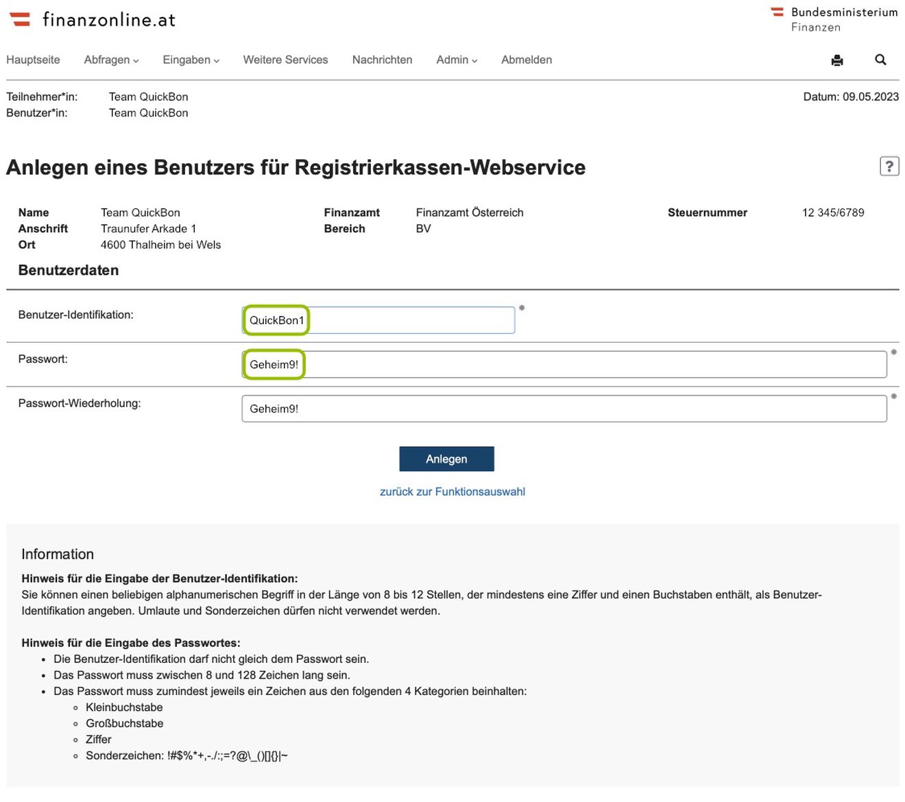 Anlegen des Benutzers