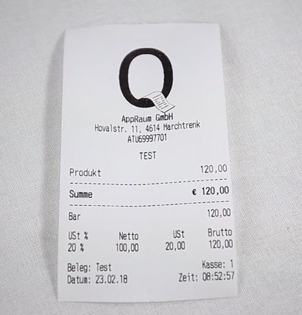 Bild eines Testbelegs mit QuickBon Logo