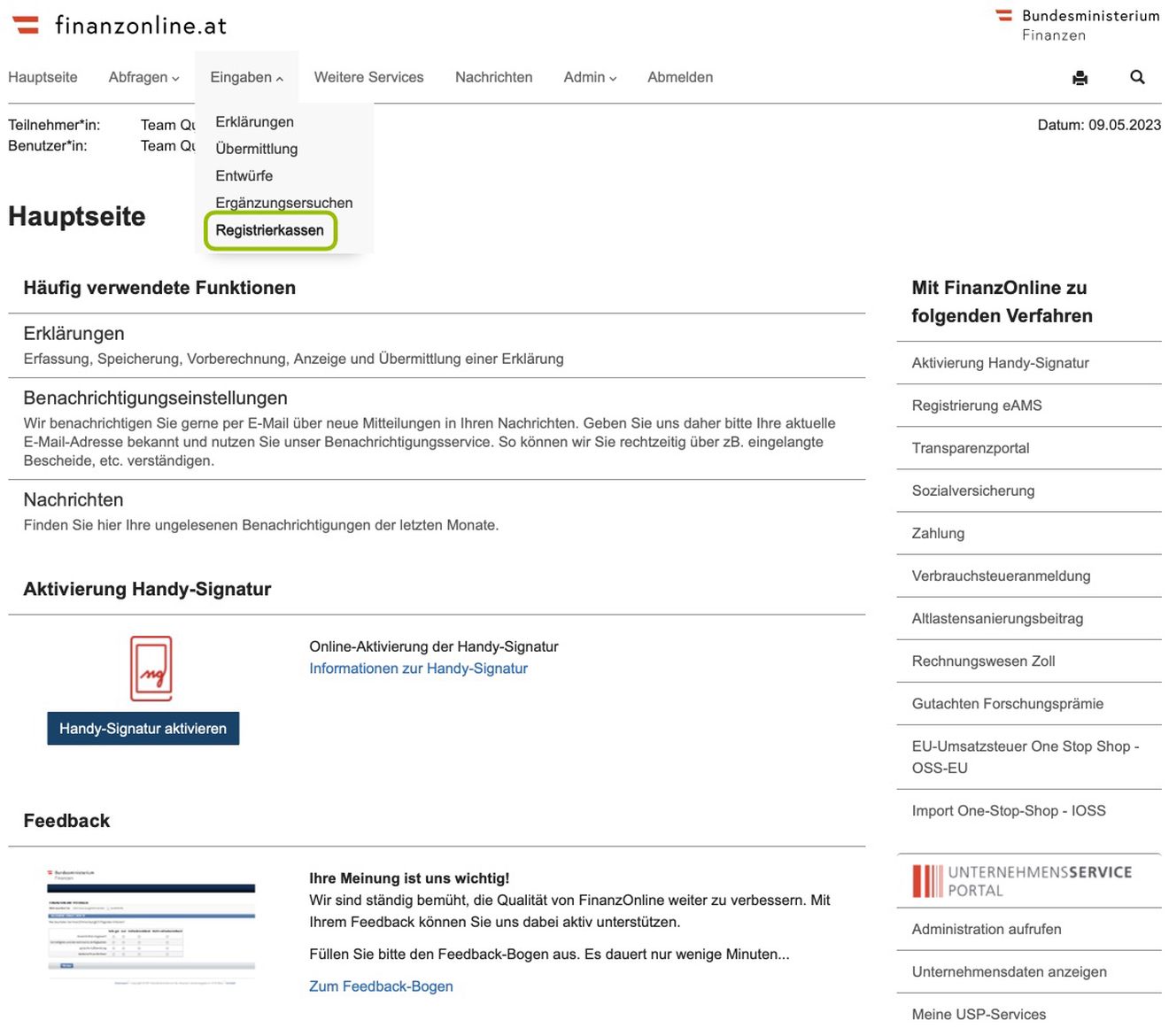 Wechseln zu den Registrierkassen-Funktionen