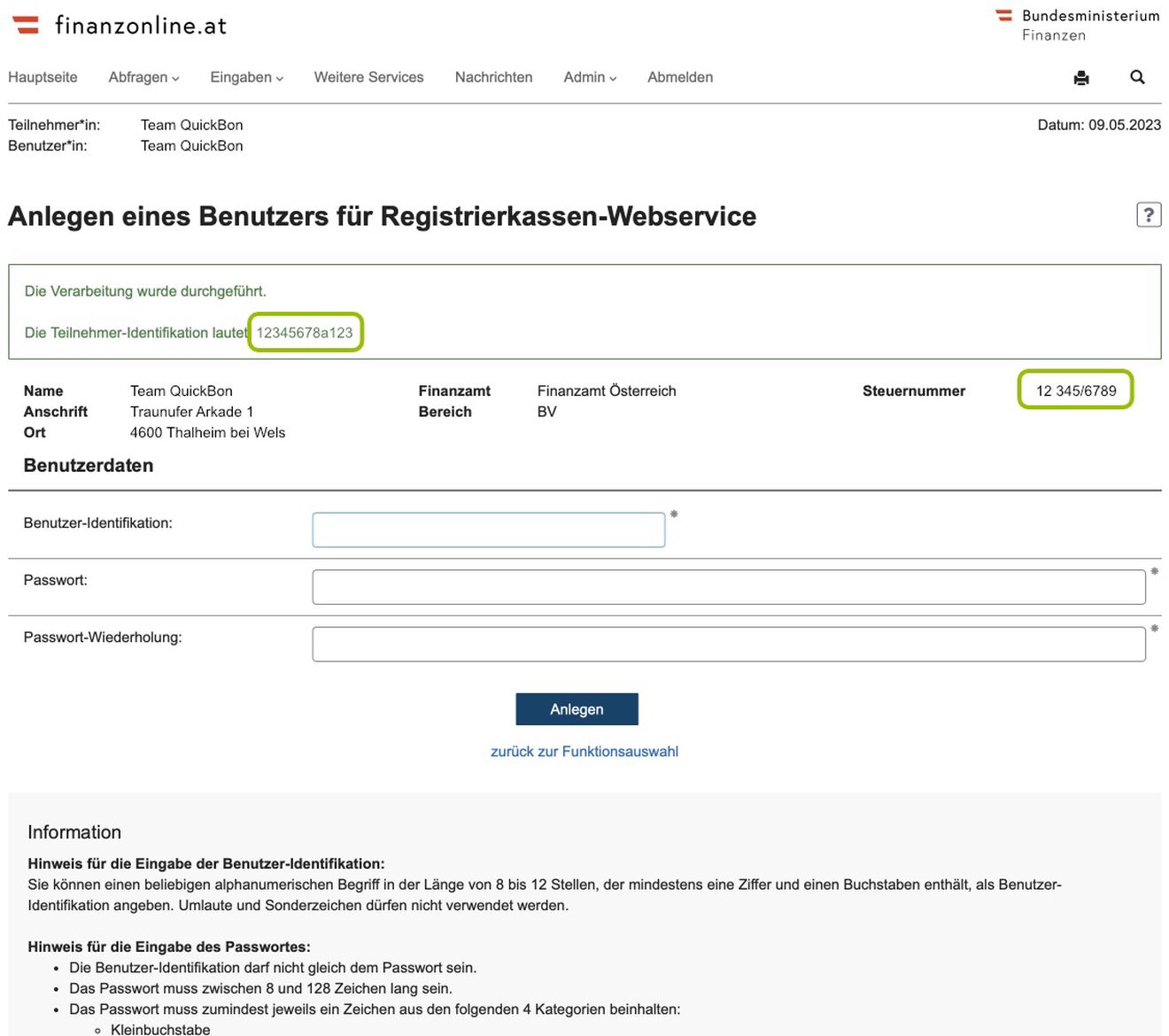 Zusenden der erforderlichen Daten
